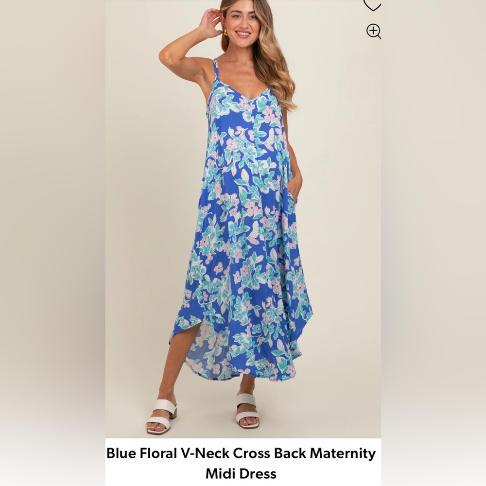 Pink Blush maternity Blue Floral V Neck Cross Back Maternity Midi Medium